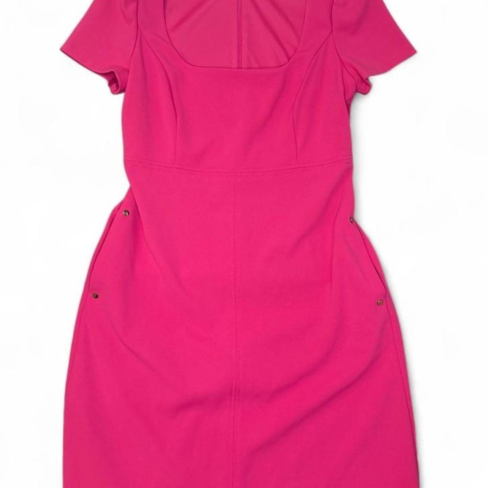 Tommy Hilfiger Hot Pink Square Neck Short Sleeve Sheath Dress Pockets Size 6